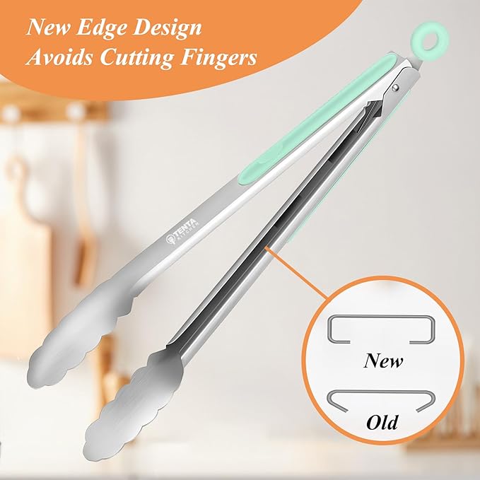 Tongs with Locking Ring, 12-Inch Food-Grade Stainless Steel, Mint Green