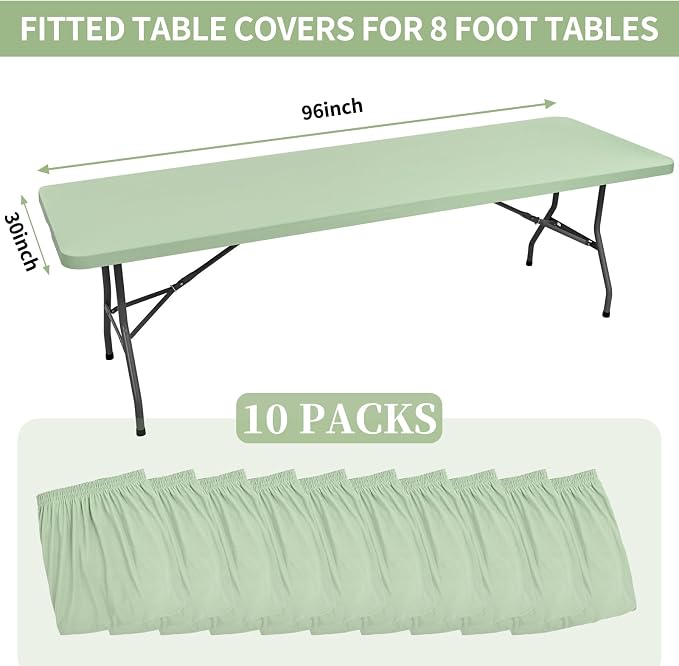 10 Pack Fitted Tablecloth for 8 Foot Rectangle Tables, Sage Green Elastic - Image 2