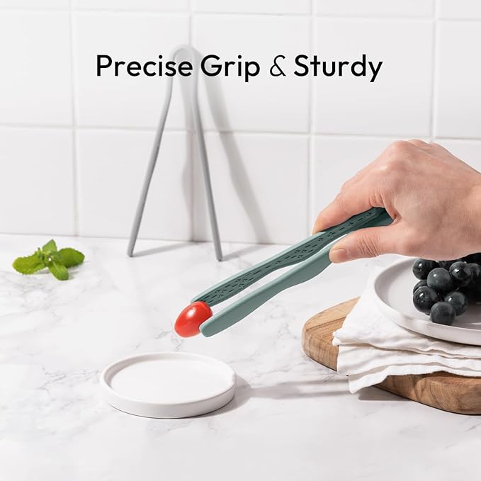 Tongs: 7 Inch Green Silicone Mini Tongs with Anti-Slip Grip