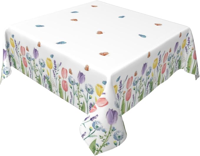Spring Floral Tablecloth 54 x 54 Inch Square, Tulip Lavender Flower Decorative by Sunshineyan