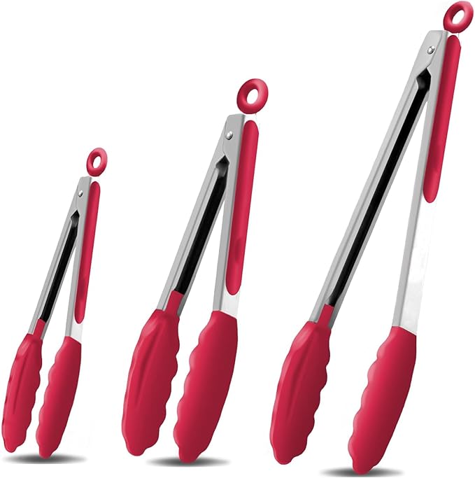 Tongs with Stainless Steel Handles and Silicone Heads, 3 Sizes, Red