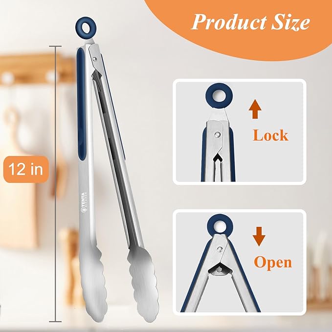 Tongs, 12-Inch Stainless Steel with Locking Ring, Blue