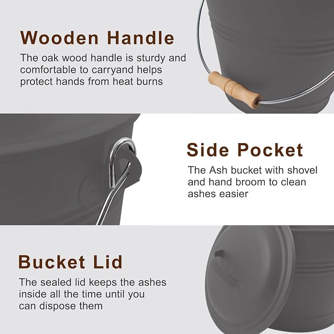 Poofzy Ash Bucket with Lid and Shovel, 1.3 Gallon Fireplace Bucket - Image 4