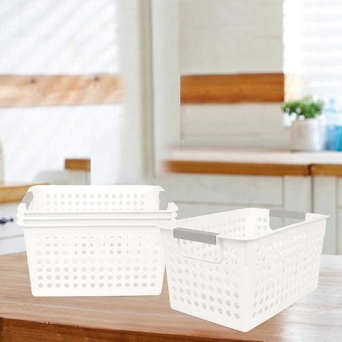 Plastic Storage Baskets, 4 Pack Narrow Organizing Baskets White Storage Bins - Image 7