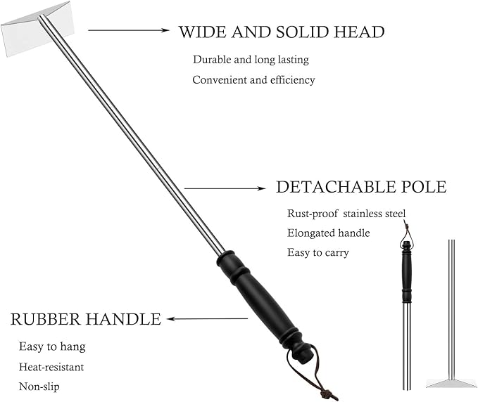 Charcoal Grill Ash Rake Hoe for Fireplace Wood Stove Pizza Oven, Stainless - Image 3