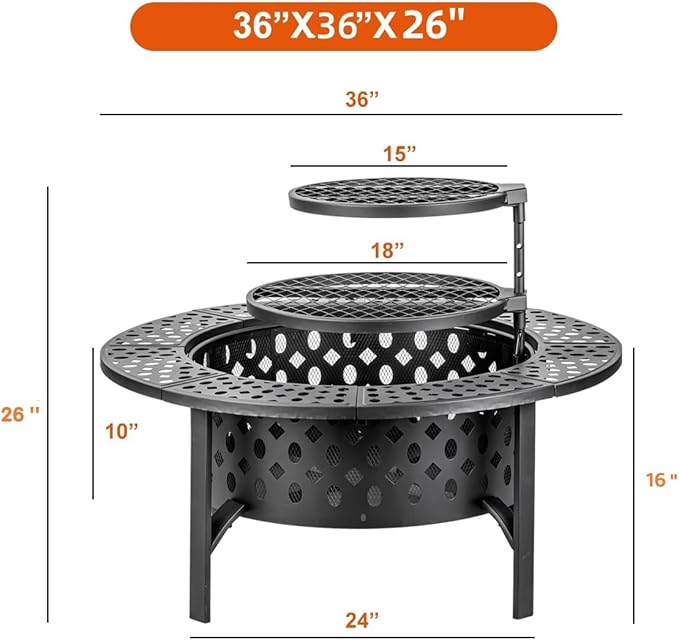 36 Inch Fire Pit with 2 Grills, Wood Burning Fire Pits - Image 5