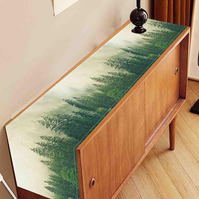Forest Table Runner, Rustic Farmhouse Misty Pine Tree Woodland Jungle Mountain - Image 3