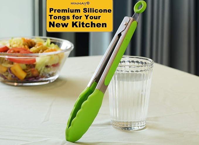 Tongs 9-Inch Green Silicone with Locking Stainless Steel, Pack of 3