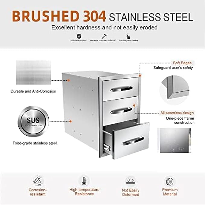 BBQ Outdoor Kitchen Drawers Stainless Steel 3-Drawer BBQ Drawer Enclosed - Image 3