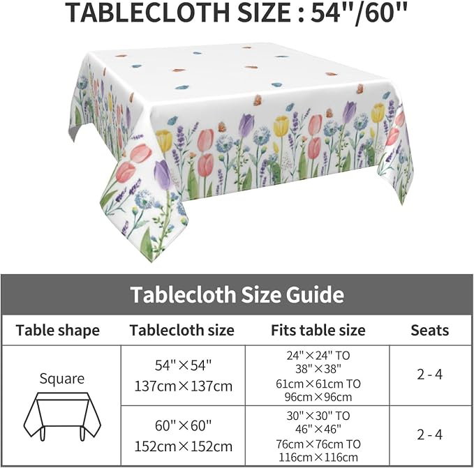 Spring Floral Tablecloth 54 x 54 Inch Square, Tulip Lavender Flower Decorative - Image 6