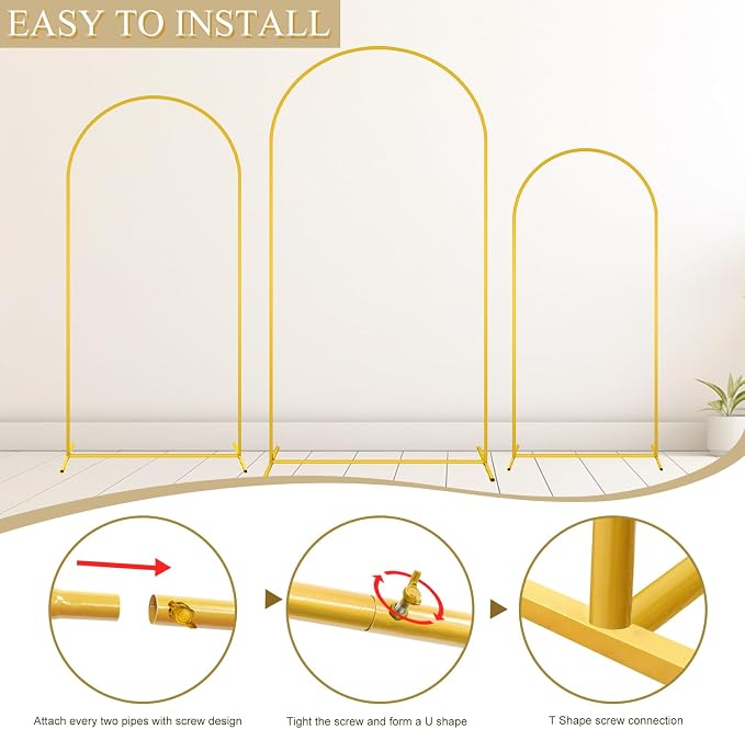 MODFUNS Metal Arch Stand Gold Wedding Arch Frame Set of 3 Balloon Arched Stands - Image 4