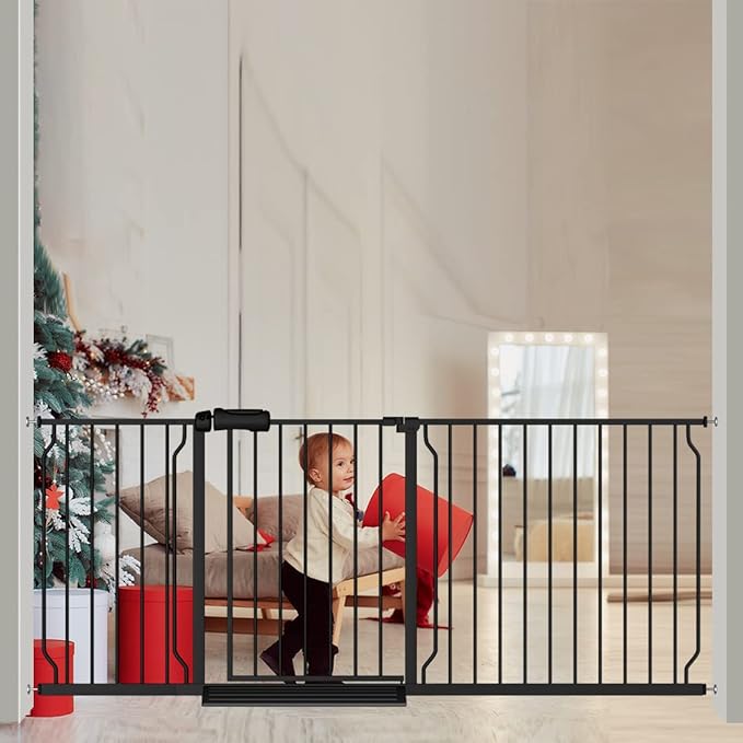 Extra Wide Baby Gate 71.6-76.37 Inch Black, Walk Through Pressure Mounted No by FlowerFrail