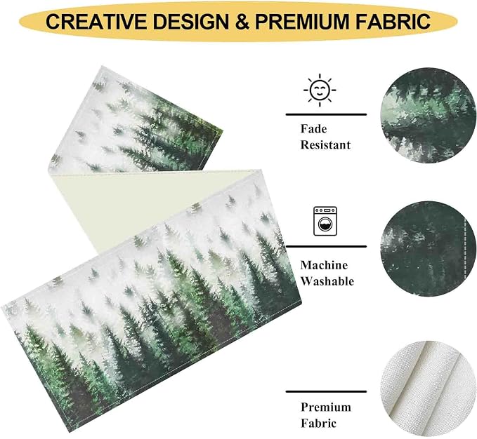 Green Forest Table Runner, Rustic Farmhouse Green Pine Tree Woodland Seasonal - Image 5