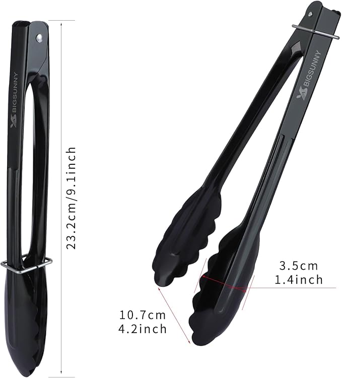 Aluminum Food Tongs, 9 Inch Black 3-Pack with Scalloped Tips