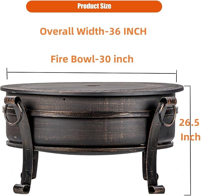 36 Inch Fire Pit with Grill & Lid, Fireplace & Round Table & BBQ 3 in 1 Fire Pit - Image 6