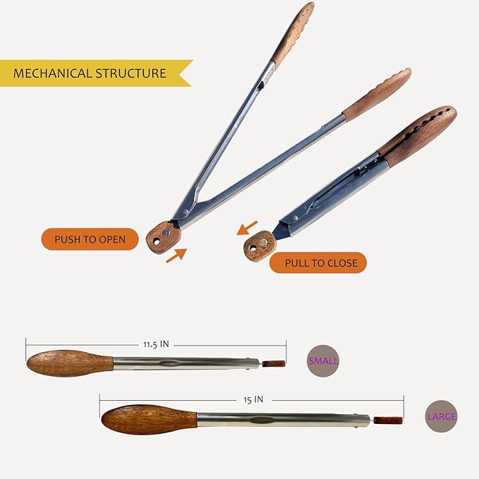 Tongs with Wood Tips, Stainless Steel Handle, 15-Inch Natural Retro Design