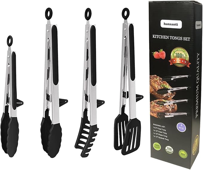 Tongs Set, 4 Piece Stainless Steel Kitchen Tongs with Silicone Tips