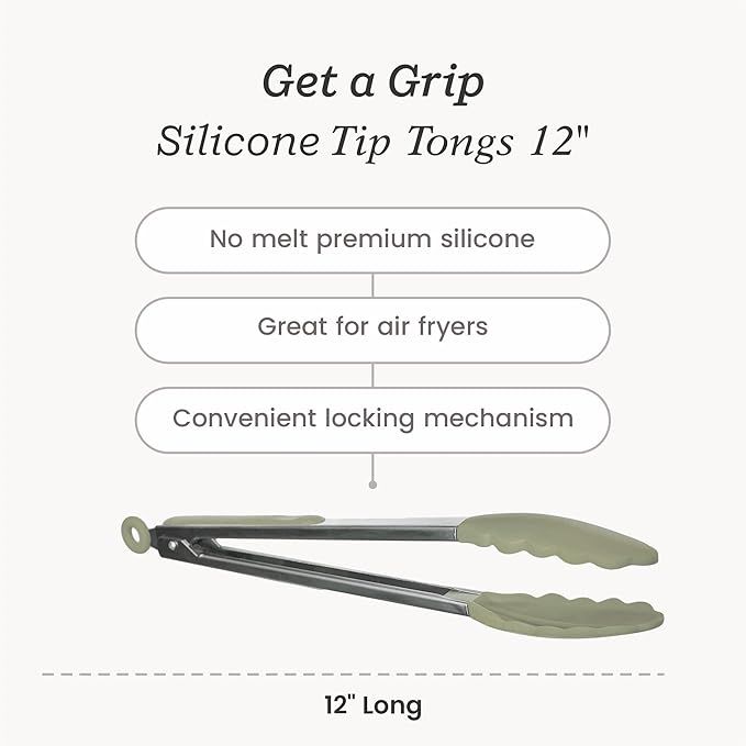 Tongs 12 Inch Silicone and Stainless Steel, Sage Green