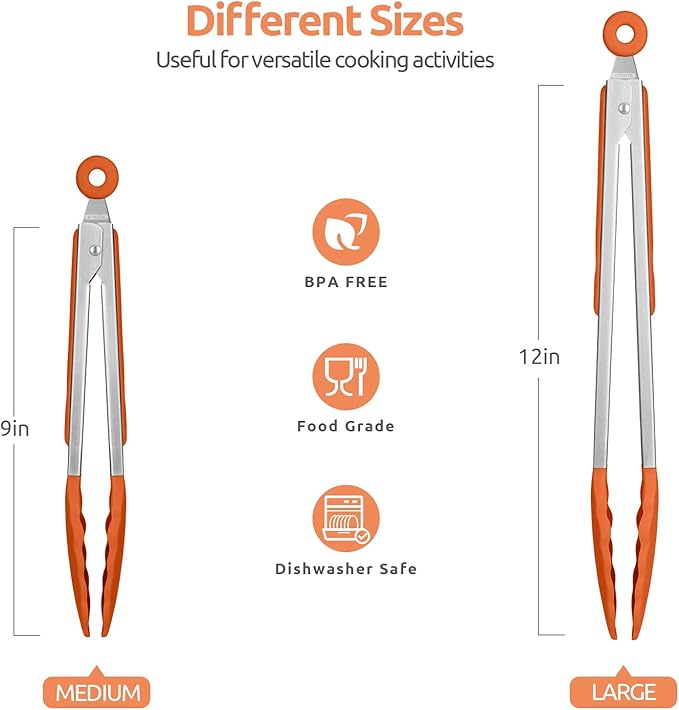 Tongs with Silicone Tips, 18/8 Stainless Steel Handles and Lock, Orange