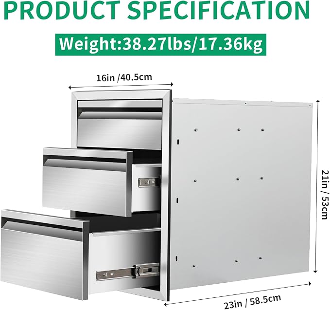 Outdoor Kitchen Drawers 16" W x 21" H x 23" D Stainless Steel Triple Drawers - Image 2