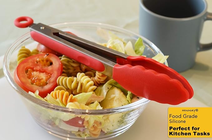 Tongs 3-Pack, 9-Inch Red Silicone with Stainless Steel Locking Ring
