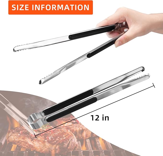 BBQ Tongs 4 Pack, 12 Inch Stainless Steel with Non-Slip Grip
