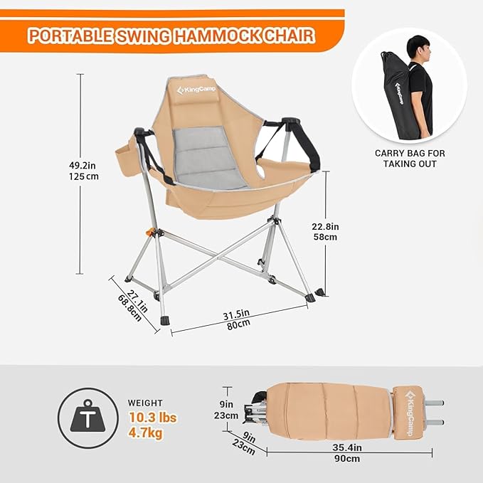 Hammock Swing Chair in Khaki with Mesh Back, 400 lb Capacity