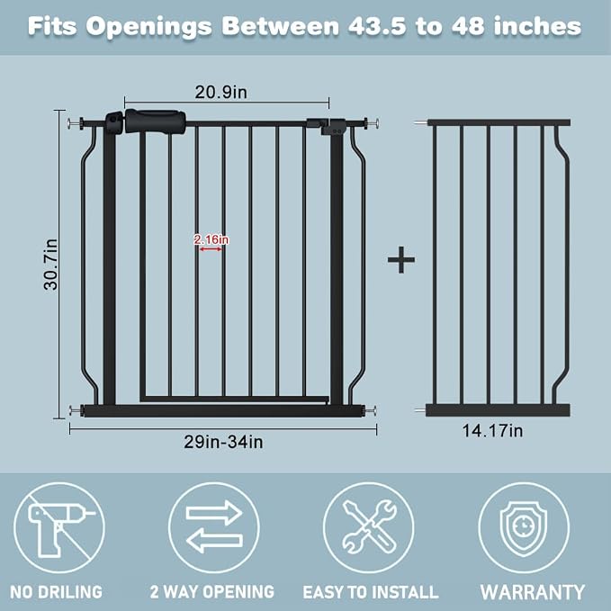 Walk Through Black Baby Gate 43.5-48 Inch Wide, Pressure Mounted Safety - Image 2