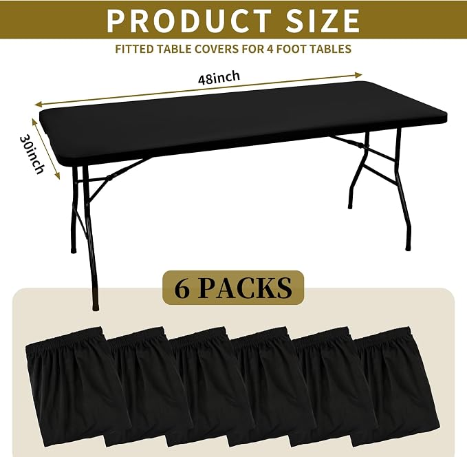 6 Pack Black Elastic Rectangle Table Top Cap Cover, Fits 4' Tables - Image 2