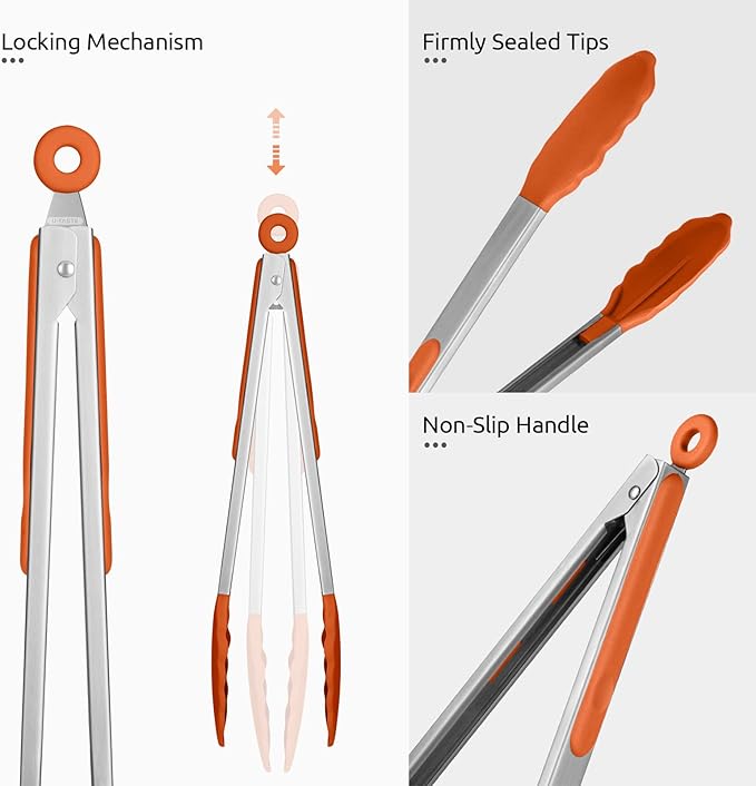 Tongs with Silicone Tips, Locking Design, 12-Inch Orange