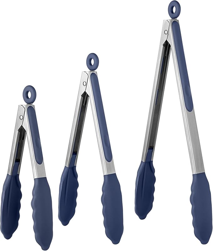 Tongs with Silicone Tips, Lockable Design, Midnight Blue Finish