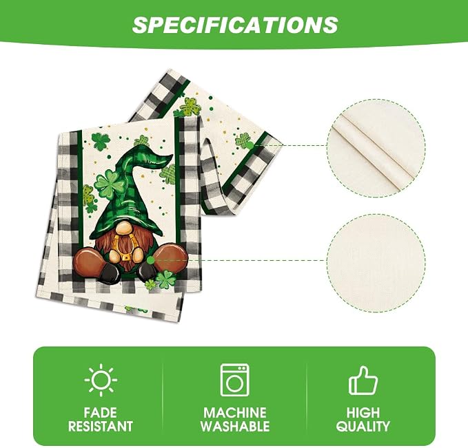 Artoid Mode Buffalo Plaid Shamrock Gnome St. Patrick's Day Table Runner - Image 5