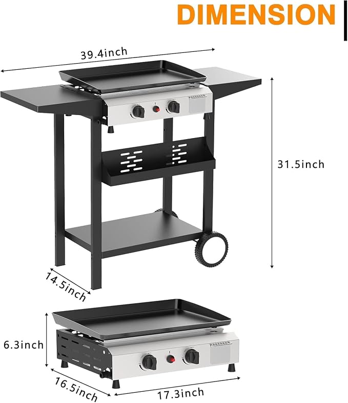 2 Burner BBQ Gas Griddle, 17.3 Inch Stainless Steel Portable Detachable Propane - Image 7