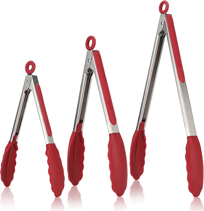 Tongs in 7, 9 and 12 Inch, Stainless Steel and Silicone, Red