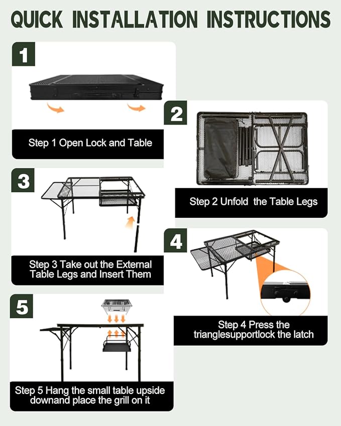 4ft Folding BBQ Table with Wing Plate, Height Adjustable Metal Table with Small - Image 6