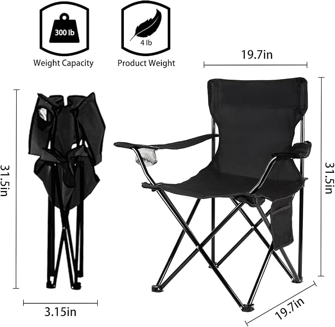 Folding Camping Chairs, 2-Pack Black, Lightweight Steel Frame