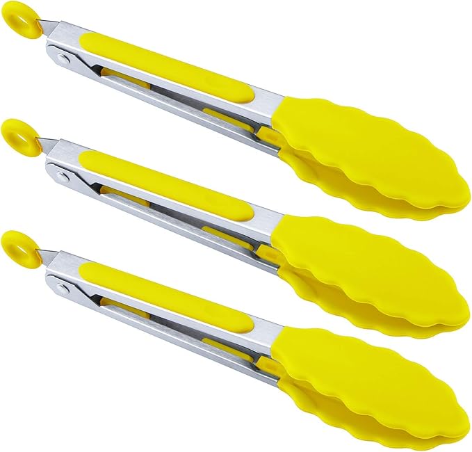 Serving Tongs 3-Pack, 7-Inch Yellow Silicone-Tip Set with Locking Ring