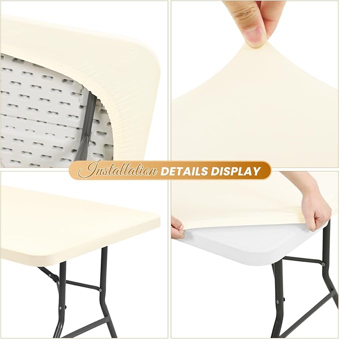 6 Pack Stretch Fabric Table Top Cap Cover, Ivory Table Covers fits 6Ft Tables - Image 4
