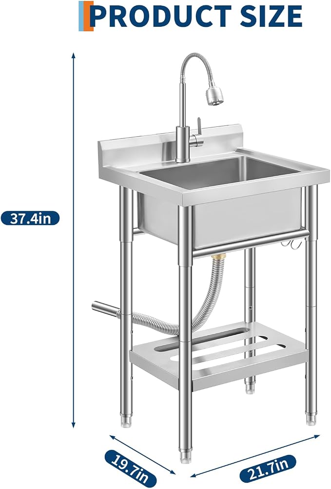 Stainless Steel Utility Sink, Free Standing Single Bowl Kitchen Sink, - Image 2