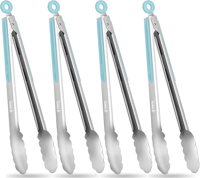 Cooking Tongs, 12-Inch Stainless Steel, Midnight Blue with Locking Ring