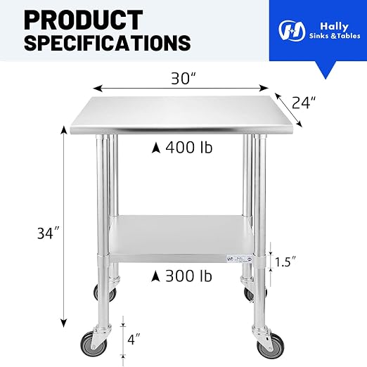 Hally Stainless Steel Table for Prep & Work 24 x 30 Inches - Image 3