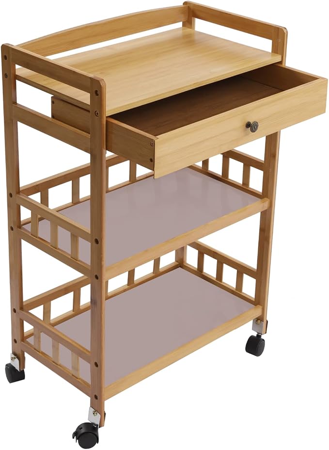 Bamboo Serving Cart with Drawer and Fence Rail, Kitchen Storage Organizer - Image 3