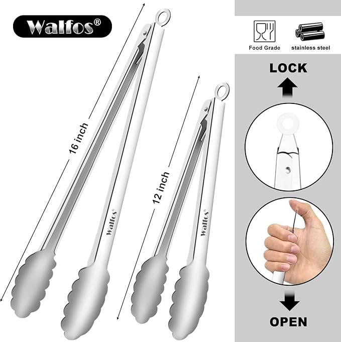 Stainless Steel Grilling Tongs, Set of 2 in 12 and 16 Inch