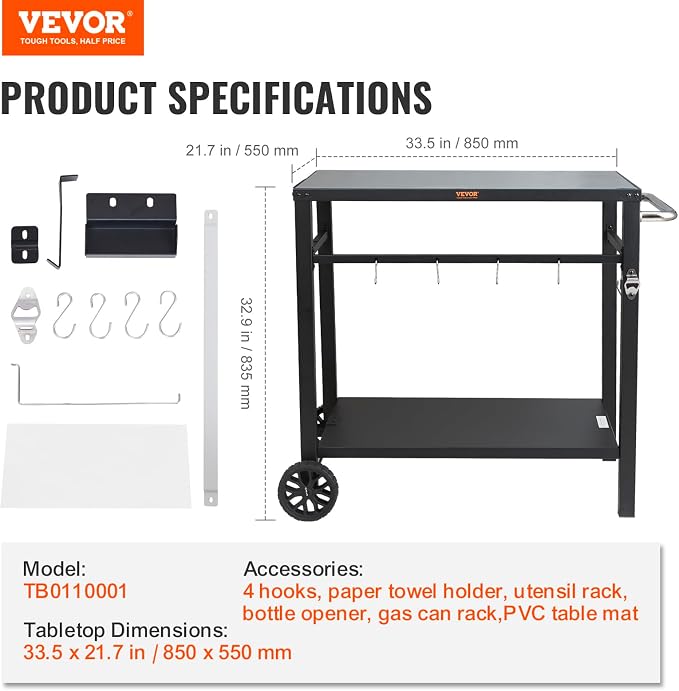 VEVOR Outdoor Grill Cart with Double-Shelf, BBQ Movable Food Prep Table with - Image 7