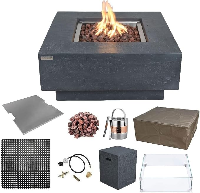 Elementi | Bundle Manhattan Gas Fire Pit Cast Concrete 36" Square Fire Table by AMSFireplaceInc