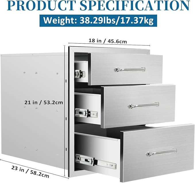 Outdoor Kitchen Drawers 18"Wx21"Hx23"D Flush Mount Access 3-Drawer BBQ - Image 2