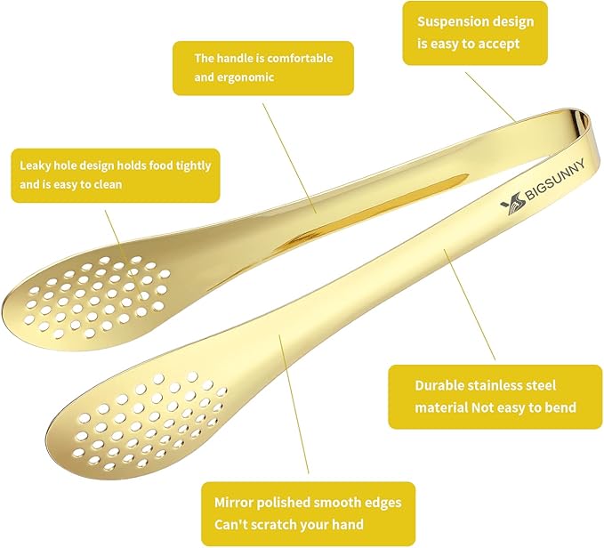 Tongs Set in Gold Stainless Steel, 7, 9 and 11 Inch Sizes