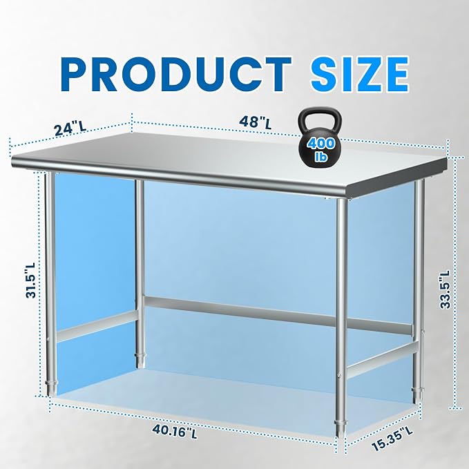Treshin Open Base Stainless Steel Table 24" X 48", Commercial Heavy Duty Prep & - Image 3