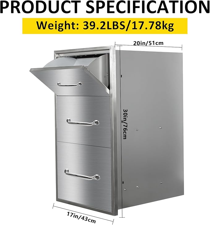 Outdoor Kitchen Drawers with Paper Towel Holder 17" W x 30"H Flush Mount BBQ - Image 2