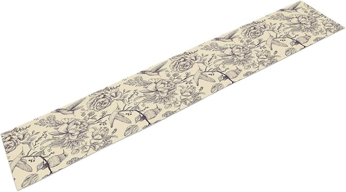 Retro Floral Bird Table Runner, Vintage Boho Rose Flower Birds Table Runner - Image 2
